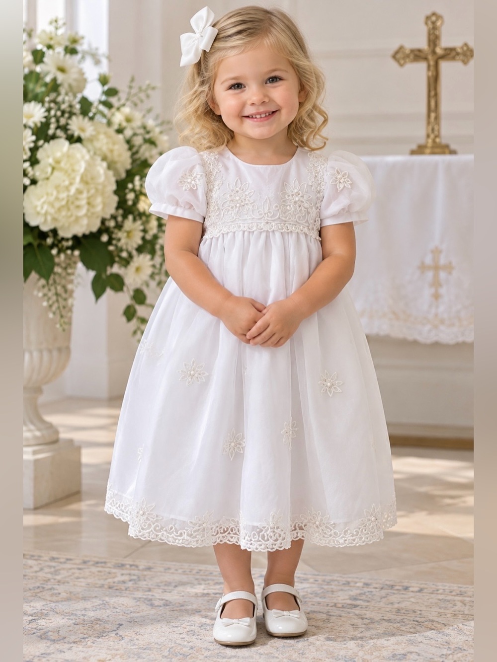 NWT Vintage-Style White Baptism Christening Dress | Wedding Flower Girl | Sz S